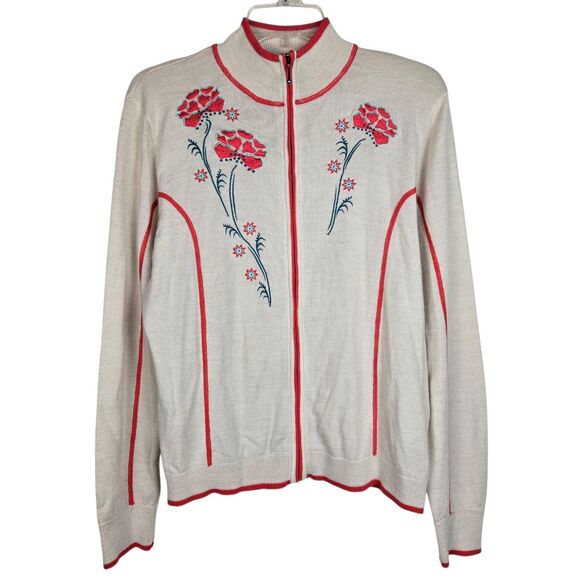 Cabela's Cream Orange Cardigan Sweater L Merino Wool Zip Embroidered Flower Boho - Picture 1 of 6